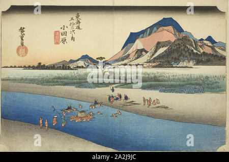 Odawara: Il fiume Sakawa (Odawara, Sakawagawa), dalla serie di cinquanta tre stazioni della linea Tokaido Road (Tokaido gojusan tsugi no uchi), noto anche come Hoeido Tokaido, c. 1833/34, Utagawa Hiroshige 歌川 広重, Giapponese, 1797-1858, Giappone, Color woodblock stampa, Oban, 24,2 x 36,1 cm (9 1/2 x 14 3/16 in Foto Stock