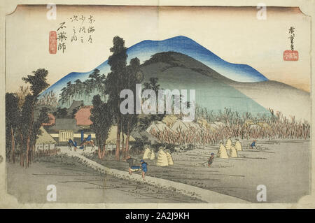 Ishiyakushi: Ishiyakushi Tempio (Ishiyakushi, Ishiyakushiji), dalla serie di cinquanta tre stazioni della linea Tokaido (Tokaido gojusan tsugi no uchi), noto anche come Hoeido Tokaido, c. 1833/34, Utagawa Hiroshige 歌川 広重, Giapponese, 1797-1858, Giappone, Color woodblock stampa, Oban, 24,1 x 36,1 cm (9 1/2 x 14 3/16 in Foto Stock