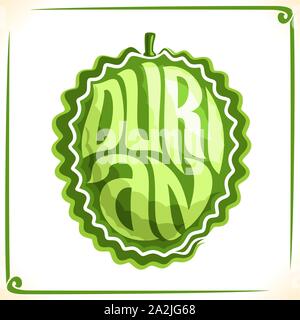 Il logo del vettore per Durian, etichetta con un frutto intero per il pacchetto di succo di frutta fresco o Thai dessert esotici, prezzo di etichetta con carattere originale per word durian ins Illustrazione Vettoriale