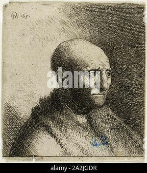 Uomo calvo in un mantello di pelliccia: busto, 1631, Rembrandt van Rijn (Olandese, 1606-1669), eventualmente rettificate da un allievo (Van Vliet?), Paesi Bassi, incisione su carta, 63 x 58 mm (nell'immagine), 66 x 58 mm (foglio Foto Stock