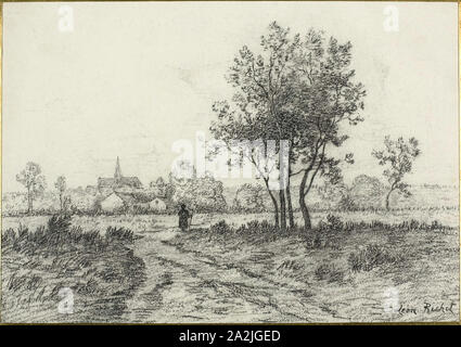 Paesaggio, c. 1875, Léon Richet, Francese, 1847-1907, Francia, carboncino su carta velina avorio carta, 234 × 333 mm Foto Stock