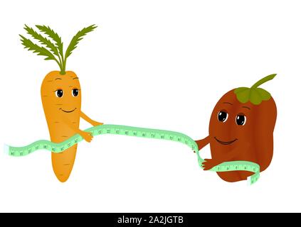 Caratteri di carote e peperoni teso un nastro di misurazione. Isolato illustrazione vettoriale Illustrazione Vettoriale