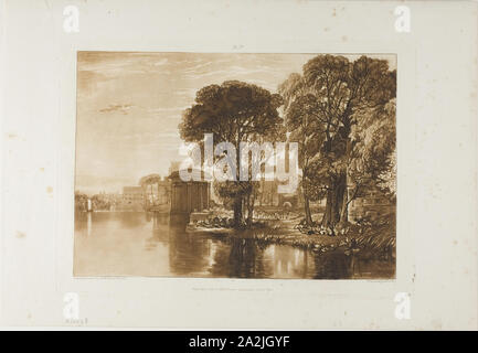 Isleworth, piastra 63 dal Liber Studiorum, pubblicata il 1 gennaio 1819, Joseph Mallord William Turner (Inglese, 1775-1851), inciso da H. Dawe, Inghilterra, di attacco e di incisione in marrone su avorio carta intessuta, 182 × 262 mm (nell'immagine), 209 × 290 mm (piastra), 266 × 386 mm (foglio Foto Stock