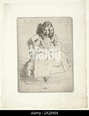 Annie, seduto, 1858/59, James McNeill Whistler, Americano, 1834-1903, Stati Uniti, incisione e puntasecca con fallo di mordere in grigio scuro inchiostro su avorio carta vergata, 130 x 97 mm (piastra), 185 x 149 mm (foglio), la mummia maschera, 200/1 A.C., Paracas, Perù, Costa sud, Ica Valley, Ocucaje, Perù, 34,3 × 38,1 cm (13 1/2 × 15 in Foto Stock