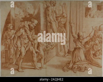 Incendio di Borgo (recto), leggero schizzo dell'Incendio di Borgo (verso), 1726/1750, Ottaviano Dandini (Italiano, c. 1706-1750), dopo Raffaello Sanzio, chiamato Raphael (Italiano, 1483-1520), l'Italia, gesso rosso (recto e verso) su avorio carta vergata, 374 x 503 mm (max Foto Stock