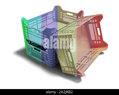 Moderno 3 scatole vuote per lo stoccaggio di frutta per vendita 3D render su sfondo bianco con ombra Foto Stock