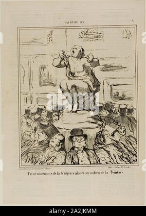 Il dispiacere di una scultura collocata al centro di una mostra di dipinti, piastra 5 da Salon de 1857, 1857, Honoré Daumier Victorin, Francese, 1808-1879, Francia, litografia in bianco e nero in buff carta intessuta con stampa tipografica verso, 239 × 250 mm (nell'immagine), 359 × 251 mm (foglio Foto Stock