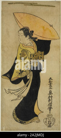 L'attore Fujimura Handayu II come Nowake no Mae nel gioco Tategami Teika Kazura, eseguita presso il Teatro Ichimura nell'undicesimo mese, 1719, 1719, Okumura Toshinobu, Giapponese, attivo c. 1717-50, Giappone, colorate a mano woodblock stampa, hosoban, urushi-e, 33,3 x 15,4 cm (13 x 6 in Foto Stock