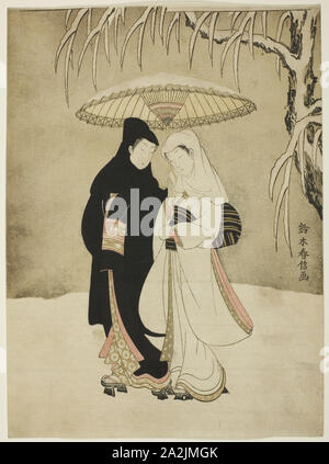 Gli amanti sotto un ombrello nella neve, c. 1767, Suzuki Harunobu 鈴木 春信, Giapponese, 1725 (?)-1770, Giappone, Color woodblock stampa, chuban, 27.2 x 20.2 cm Foto Stock