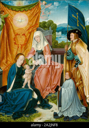 Vergine con Bambino e Sant'Anna, San Gereon e un donatore, c. 1520, Bartolomeo Bruyn il sambuco, Tedesco, c. 1493-1555, Germania, olio su pannello, 30 7/8 × 22 13/16 in. (78,4 × 57,9 cm Foto Stock