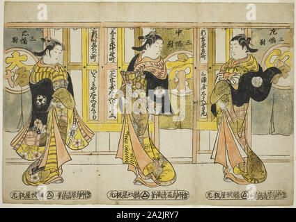 High-Ranking cortigiane delle tre capitali e un set di tre (Santo tayu sanpukutsui), c. 1740 Torii Kiyomasu II, Giapponese, 1706 (?)-1763 (?), Giappone, colorate a mano woodblock stampa, intonso hosoban trittico, urushi-e, 33,7 x 48,1 cm (13 1/4 x 19 in Foto Stock