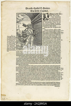 San Pietro da De Biblie vth der vthlegginge Doctoris Martini Luthers, piastra 27 da xilografie da libri del XVI secolo, 1534, assemblati in portafoglio 1937, Erhard Altdorfer (tedesco, c. 1485-1561), testo originale tedesco traduzione della Bibbia di Martin Lutero (1483-1546), il portfolio testo di Max Geisberg (Swiss, 1875-1943), Germania, la xilografia e la stampa tipografica in nero su crema di latte di cui carta, 135 × 92 mm (nell'immagine), 287 × 205 mm (immagine/te×t), 361 × 247 mm (foglio Foto Stock