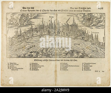 Vista di Colonia (recto) uomo appeso a un albero (verso), due ante DCCXXI-DCCXXIIII da Kosmographie da S. Münster, la piastra 45 da xilografie da libri del XVI secolo, 1564, assemblati in portafoglio 1937, Hans Rudolf Manuel Deutsch (Swiss, 1525-1572), assemblati da Max Geisberg (Swiss, 1875-1943), Svizzera, Xilografia su carta, 54 x 59 mm (immagine recto,), 169 x 255 mm (l'immagine/testo recto,), 318 x 124 mm (foglio piegato), 168 x 368 mm (immagine, il retro), 243 x 368 mm (l'immagine/testo, tergo), 319 x 409 mm (foglio, non piegati Foto Stock