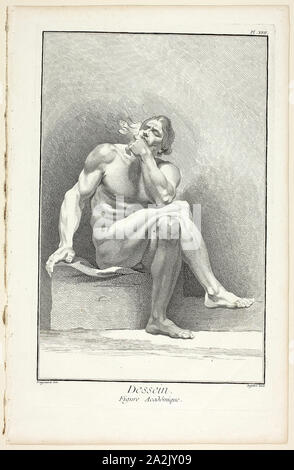 Design: Figura accademica, da Encyclopédie, 1762/77, A. J. Defehrt (francese, attivo del XVIII secolo), dopo Jean Honoré Fragonard (Francese, 1732-1806), pubblicata da André le Breton (Francese, 1708-1779), Michel-Antoine David (francese, c. 1707-1769), Laurent Durand (Francese, 1712-1763), e Antoine-Claude Briasson (Francese, 1700-1775), Francia, attacco, con incisione, la crema di cui carta, 320 × 208 mm (nell'immagine), 357 × 230 mm (piastra), 393 × 253 mm (foglio Foto Stock