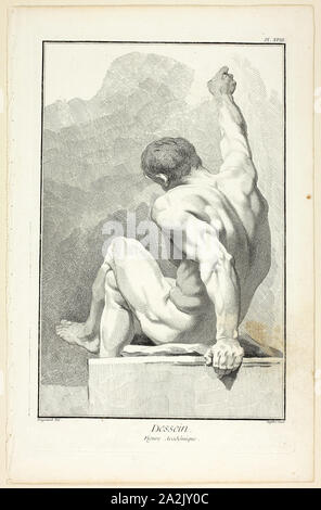 Design: Figura accademica, da Encyclopédie, 1762/77, A. J. Defehrt (francese, attivo del XVIII secolo), dopo Jean Honoré Fragonard (Francese, 1732-1806), pubblicata da André le Breton (Francese, 1708-1779), Michel-Antoine David (francese, c. 1707-1769), Laurent Durand (Francese, 1712-1763), e Antoine-Claude Briasson (Francese, 1700-1775), Francia, attacco, con incisione, la crema di cui carta, 320 × 208 mm (nell'immagine), 357 × 230 mm (piastra), 393 × 253 mm (foglio Foto Stock