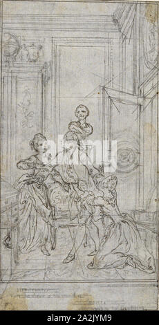 Studio per Vignette-Frontispiece in Charles-Simon Favart's L'Amitié à l'Epreuve, c. 1771, Hubert Gravelot François, Francese, 1699-1773, Francia, grafite, su grigio carta vergata, stabilite su avorio carta vergata, 158 × 82 mm Foto Stock