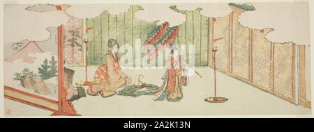 Giovane ragazza danzare al nobile del mansion, 1805, Katsushika Hokusai 葛飾 北斎, Giapponese, 1760-1849, Giappone, Color woodblock stampa, nagaban, surimono Foto Stock