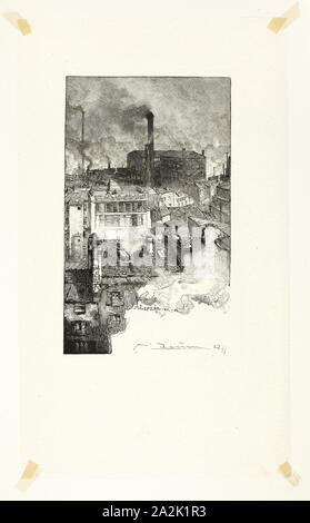 Quartier des Gobelins, piastra 20 da Le Long de la Seine et des Boulevards, 1889, pubblicato 1910, Louis Auguste Lepère (Francese, 1849-1918), pubblicata da A. Desmoulins (francese, attivo c. 1908-1910), Francia, incisione su legno nero in crema tessuto giapponese, 184 × 110 mm (nell'immagine), 306 × 180 mm (foglio Foto Stock