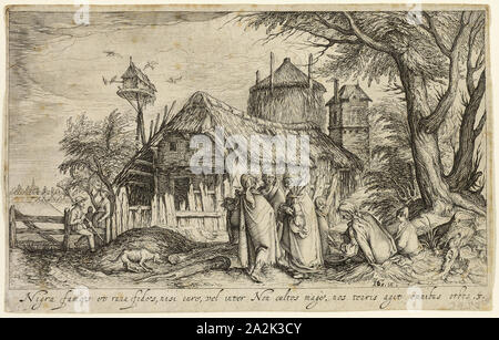 Paesaggio con Gypsy donne nei pressi di un edificio rustico, c. 1610 Andries Stock (Olandese, c. 1580-dopo il 1648), dopo Jacques de Gheyn II (Olandese, 1565-1629), Paesi Bassi, incisione e acquaforte su carta avorio, 99 x 173 mm Foto Stock