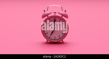 Tempo, wake up concetto. Sveglia vintage colore rosa su sfondo rosa. 3d illustrazione Foto Stock