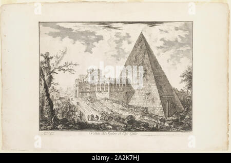 Vista della tomba a Piramide Cestia, da vedute di Roma, 1750/59, Giovanni Battista Piranesi, Italiano, 1720-1778, Italia, incisione su avorio pesante carta vergata, 389 x 546 mm (nell'immagine), 411 x 550 mm (piastra), 528 x 810 mm (foglio Foto Stock