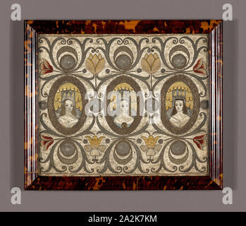 Foto, 1625/75, Inghilterra, seta, warp-galleggiante di fronte 4:1 raso, ricamato in seta, dorate-metallo purl, e dorate-metallo a striscia di seta avvolto in esecuzione, satinata e split maglie, adagiandosi, 30,8 × 36,1 cm (12 1/8 × 14 1/4 in Foto Stock