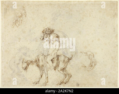 Studio per il Satiro famiglia a piedi (recto), schizzi di cinque vasi decorativi (verso), c. 1657, Stefano della Bella, Italiano, 1610-1664, Italia, penna e inchiostro bruno e grafite (recto e verso) su avorio carta vergata, 135 x 183 mm Foto Stock