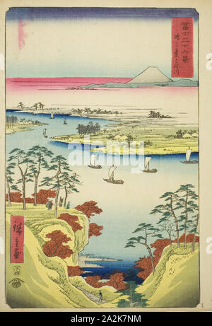 Il fiume di tono a Konodai (Konodai Tonegawa), dalla serie trentasei vedute del Monte Fuji (Fuji sanjurokkei), 1858, Utagawa Hiroshige 歌川 広重, Giapponese, 1797-1858, Giappone, Color woodblock stampa, Oban Foto Stock