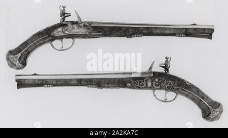Coppia di custodia Flintlock Pistols, c. 1670, Armaiolo: Gerrit Lasonder, (Olandese, attivo 1659-87), Utrecht, Utrecht, acciaio, rame, radica di noce, L. 52 cm (20 1/2 in Foto Stock