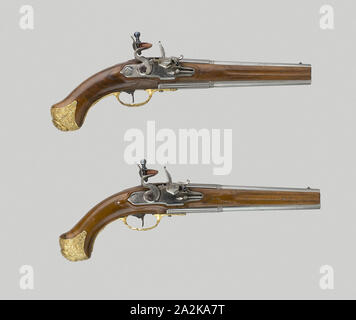 Coppia di Double-Barrel Flintlock Pistols, c. 1730, tedesco, Sassonia, Sassonia, acciaio, bronzo dorato, L. 38,7 cm (15 1/4 in Foto Stock