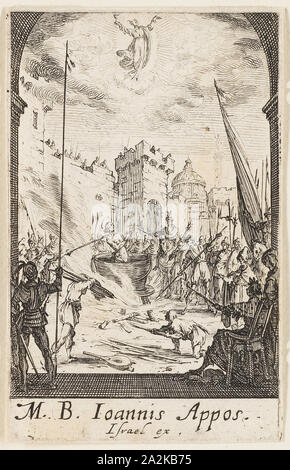 Il Martirio di San Giovanni Evangelista, piastra cinque dal martirio degli apostoli, n.d., Jacques Callot, Francese, 1592-1635, Francia, incisione su carta, 71 x 45 mm Foto Stock