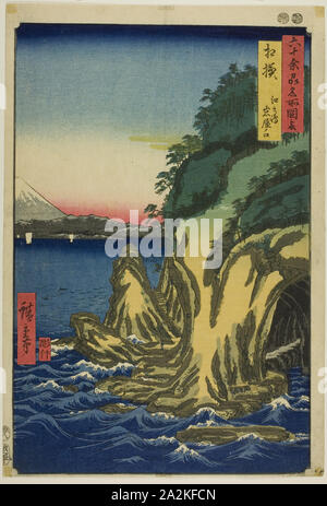 Sagami provincia: ingresso alle grotte di Enoshima (Sagami, iwaya Enoshima no kuchi), dalla serie luoghi famosi in sessanta-odd province (Rokujuyoshu meisho zue), 1853, Utagawa Hiroshige 歌川 広重, Giapponese, 1797-1858, Giappone, Color woodblock stampa, Oban Foto Stock