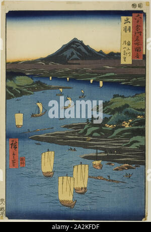Dewa provincia: Fiume Mogami e distante un vista del monte Gassan (Dewa, Mogamigawa, Gassan enbo), dalla serie luoghi famosi in sessanta-odd province (Rokujuyoshu meisho zue), 1853, Utagawa Hiroshige 歌川 広重, Giapponese, 1797-1858, Giappone, Color woodblock stampa, Oban Foto Stock