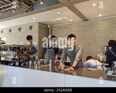 SEPT. 19, 2019-SEOUL, Corea del Sud : Bello Korean barista indossando grembiule grigio che serve caffè per servire i nostri clienti in un coffee shop in franchising a Seoul nella SOU Foto Stock