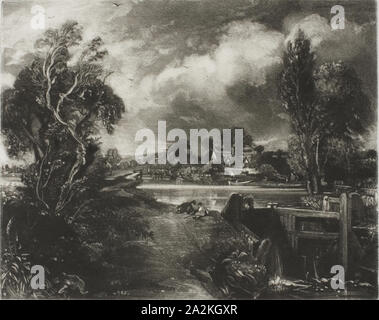 Un blocco sul Stour, Suffolk, 1831, David Lucas (Inglese, 1802-1881), dopo John Constable (Inglese, 1776-1837), l'Inghilterra, la mezzatinta in inchiostro nero su avorio pesante carta intessuta, 177 × 215 mm (piastra), 305 × 465 mm (foglio Foto Stock