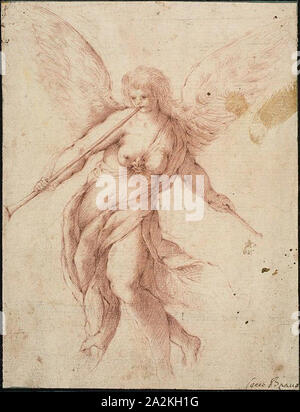 La fama che soffia su di una tromba, n.d., Jacopo Negretti, chiamato Palma il Giovane, dopo, Italiano, c. 1548-1628, Italia, gesso rosso su avorio carta vergata, fissate sulla carta 268 x 205 mm Foto Stock