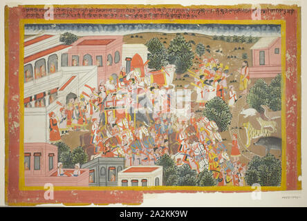 Quattro capi in processione visita un Sage, pagina da una copia del Ramayana, 1820/40, India Rajasthan, Jaipur, Jaipur, opaco acquerello su carta, Immagine: 25 x 39,3 cm (9 7/8 x 15 1/2 in.), Border: 26,4 x 41 cm (10 3/8 x 16 1/8 in.), carta: 31 x 45,5 cm (12 1/4 x 17 7/8 in Foto Stock