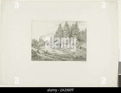 Agriturismo in una foresta sempreverde, 1828, Johan Christian Clausen Dahl, Norvegese, 1788-1857, Norvegia, incisione su avorio carta intessuta, 118 x 152 mm (piastra), 282 x 305 mm (foglio Foto Stock