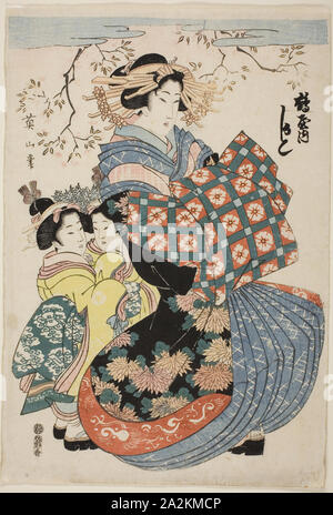 La cortigiana Kashiku del Tsuruya con due assistenti di bambino, c. 1824/29, Eizan Kikukawa, Giapponese, 1787-1867, Giappone, Color woodblock stampa, foglio da oban trittico, 38,6 x 26,3 cm Foto Stock