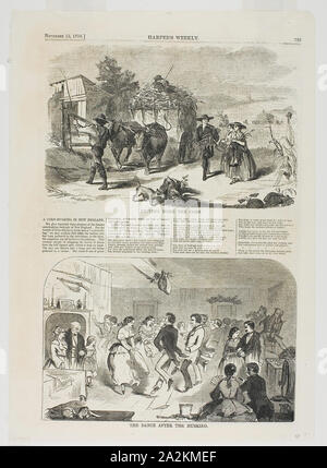 La guida Home il mais e la danza dopo la mondatura, pubblicato il 13 novembre 1858, Winslow Homer (American, 1836-1910), pubblicata da Harper's settimanale (American, 1857-1916), Stati Uniti, legno incisioni su carta, 152 x 235 mm (immagine, la danza), 154 x 238 mm (immagine, Guida Home), 400 x 286 mm (foglio Foto Stock