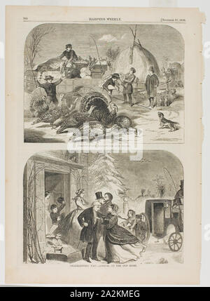 La Giornata del ringraziamento-modi e mezzi e la Giornata del Ringraziamento-arrivo presso la vecchia casa, pubblicato il 27 novembre 1858, Winslow Homer (American, 1836-1910), pubblicata da Harper's settimanale (American, 1857-1916), Stati Uniti, legno incisioni su carta, 174 x 234 mm (immagine, modi e mezzi Foto Stock