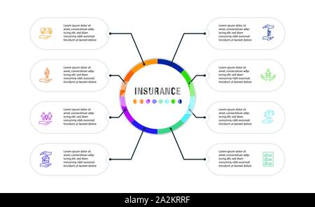 Assicurazione vettore Infographics design. Concetto Timeline includono assicurazione medica, assicurazione infortuni, assicurazione di viaggio icone. Può essere utilizzato per il report Illustrazione Vettoriale