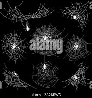 Set di spider web di forme differenti con ragni bianco isolato su nero Illustrazione Vettoriale