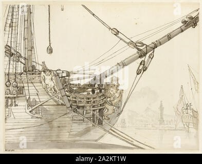 Studio di una nave da guerra di prua con British Navi da guerra e il porto di Napoli al di là, c. 1748, Claude-Joseph Vernet, Francese, 1717-1789, Francia, penna e ferro gall inchiostro, con spazzola e grigio scuro, grigio chiaro e grigio brunastro lavaggio, oltre gesso nero, su avorio carta vergata, stabilite su avorio carta vergata, 366 × 479 mm (supporto primario), 458 × 537 mm (supporto secondario Foto Stock