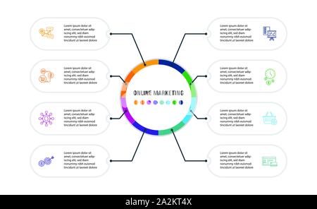 Educazione On Line - Linea Infographics disegno vettoriale. Concetto Timeline includono video tutorial, e-learning, sviluppo delle competenze e delle icone. Può essere utilizzata per Illustrazione Vettoriale