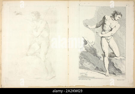 Figura (recto e verso), da seconde livre de figure d'Accademie gravées en Partie par les Professeurs de l' Académie Royale, pubblicato 1745, Collin de Vermont (Francese, 1693-1761), Jean-Baptiste Perronneau (Francese, 1715-1783), dopo Charles-Joseph Natoire (Francese, 1700-1777), stampato da Gabriel Huquier (Francese, 1695-1772), pubblicata da Jombert Père (francese del XVIII secolo), la Francia, l'attacco (recto e verso) su avorio carta vergata, 276 × 182 mm (recto piastra), 276 × 185 mm (il retro della piastra), 300 × 229 mm (foglio Foto Stock