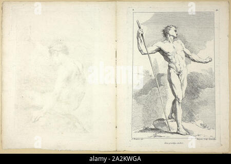 Figura (recto e verso), da seconde livre de figure d'Accademie gravées en Partie par les Professeurs de l' Académie Royale, pubblicato 1745, Gabriel Huquier (Francese, 1695-1772), dopo Charles-Joseph Natoire (Francese, 1700-1777), Pierre Aveline (Francese, 1702-1760), dopo Edme Bouchardon (Francese, 1698-1762), stampato da Gabriel Huquier (Francese, 1695-1772), pubblicata da Jombert Père (francese del XVIII secolo), la Francia, l'attacco (recto e verso) su avorio carta vergata, 271 × 181 mm (recto piastra), 271 × 181 mm (il retro della piastra), 307 × 230 mm (foglio Foto Stock