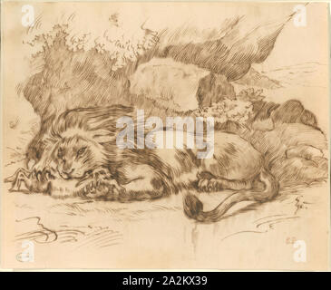 Lion divorando un coniglio, n.d., attribuito a Eugène Delacroix, francese, 1798-1863, Francia, penna e di ferro marrone gall, inchiostro su grafite, su avorio carta vergata, stabilite su avorio carta giapponese, 260 × 320 mm Foto Stock