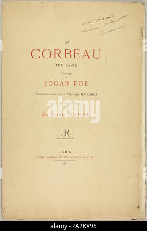 Titolo della pagina e il testo da Raven (Le Corbeau), 1875, Édouard Manet (Francese, 1832-1883), scritto da Edgar Allan Poe (American, 1809-1849), tradotto e prodotto da Stéphane Mallarmé (Francese, 1842-1898), stampato da Lefman et Cie. (francese del XIX secolo), testo stampato da Alcan-Lévy (francese del XIX secolo), pubblicato da Richard Lesclide (Francese, 1825-1892), Francia, Nessun impegno specifico libro, tre fogli piegati, con stampa tipografica in rosso e nero sulla crema di latte di cui carta, 547 × 363 × 5 mm (libro, piegate), 547 × 705 (libro, dispiegata), il Paradiso Perduto di Milton, Vol. I, 1825-27, John Martin (Inglese, 1789-1854 Foto Stock