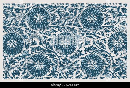 Cinese storico disegnati a mano con motivi floreali ornamentali pattern. Blu illustrazione colorata dopo un XIX secolo incisione. Modificabile in strati Illustrazione Vettoriale
